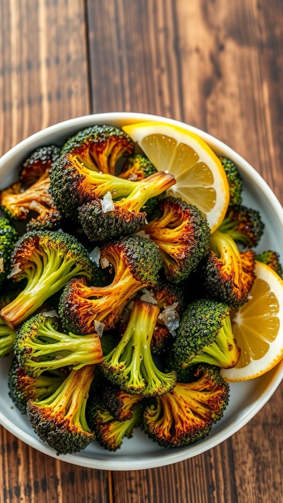 Crispy roasted broccoli florets garnished with Parmesan cheese and lemon wedges on a rustic table.
